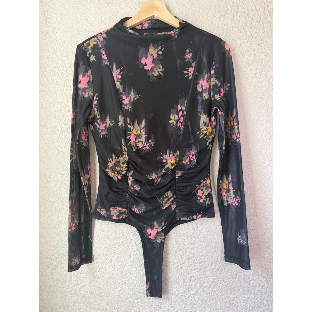 Steve Madden Mesh Floral Ruched Bodysuit Top Sheer Long Sleeve Goth Coquette L